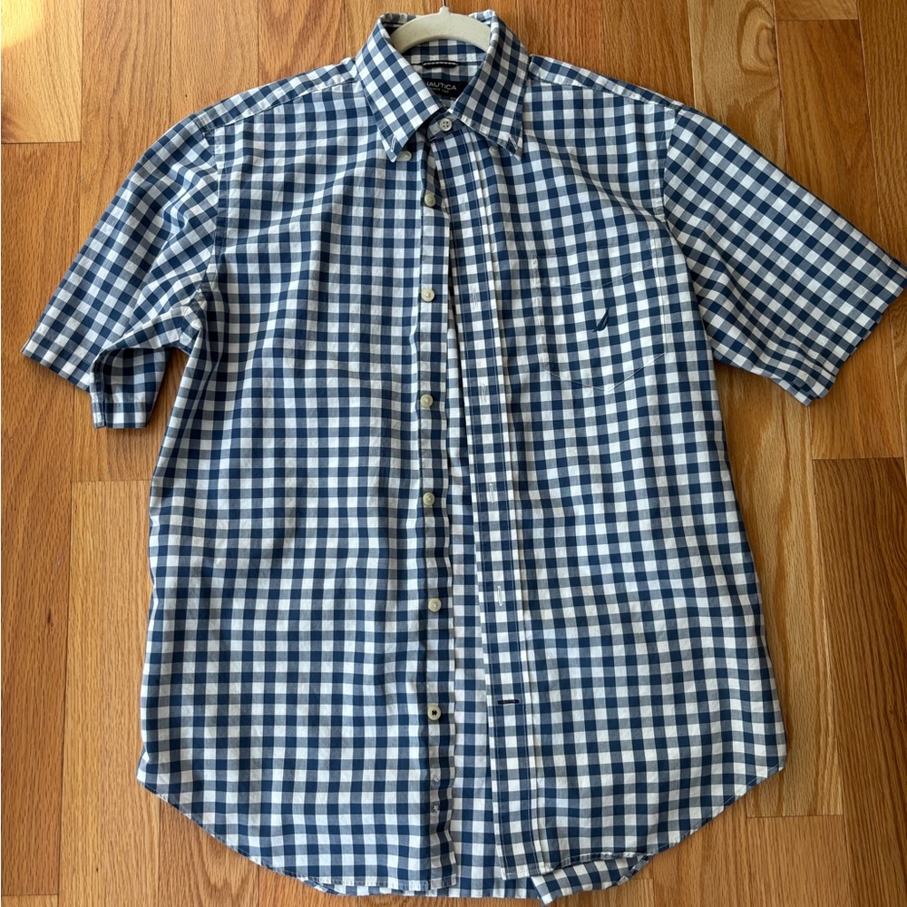 Nautica Navy and White Plaid Button Down Shirt
